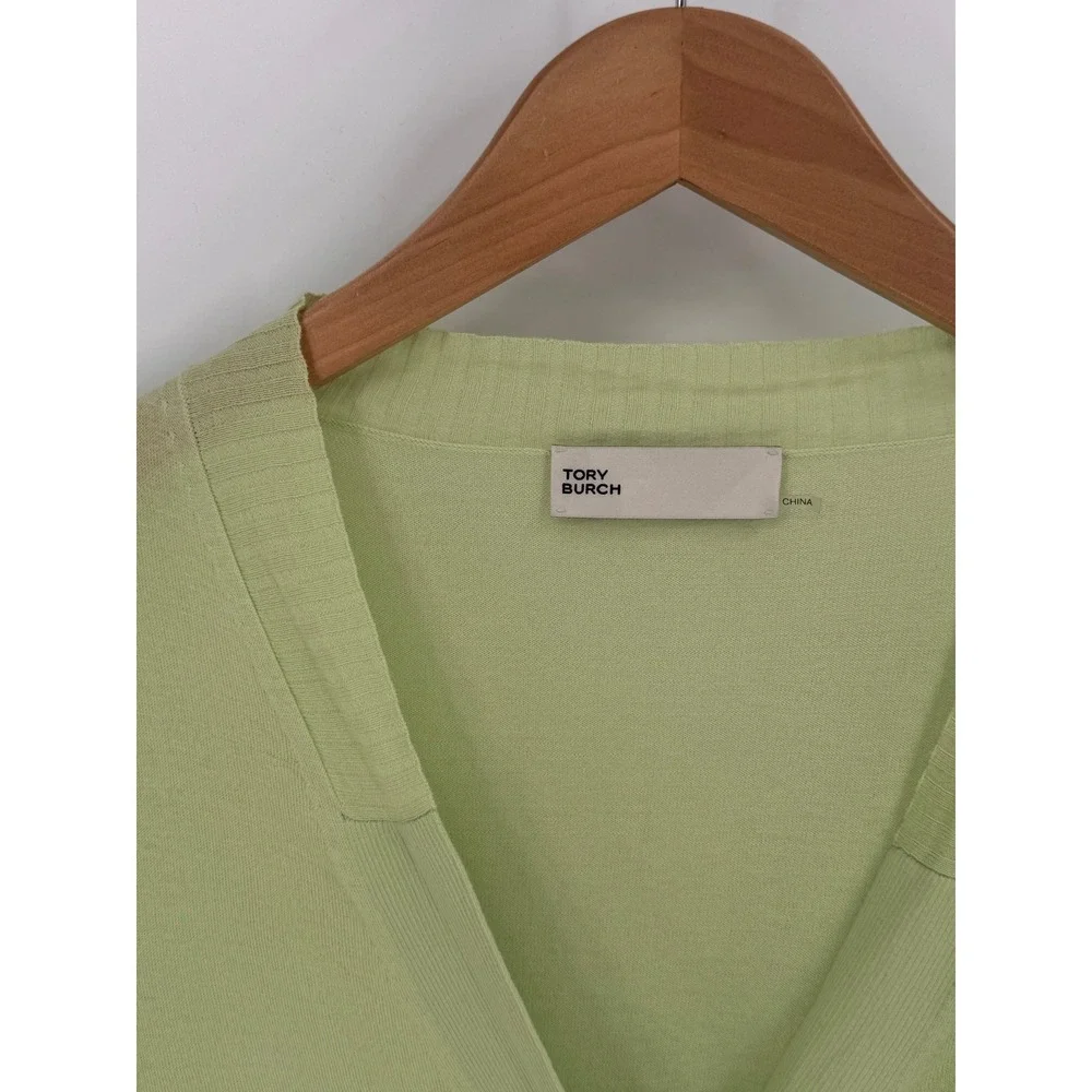 Tory Burch Cardigan Women M Lime Green Cotton Logo Button Cropped Sweater
